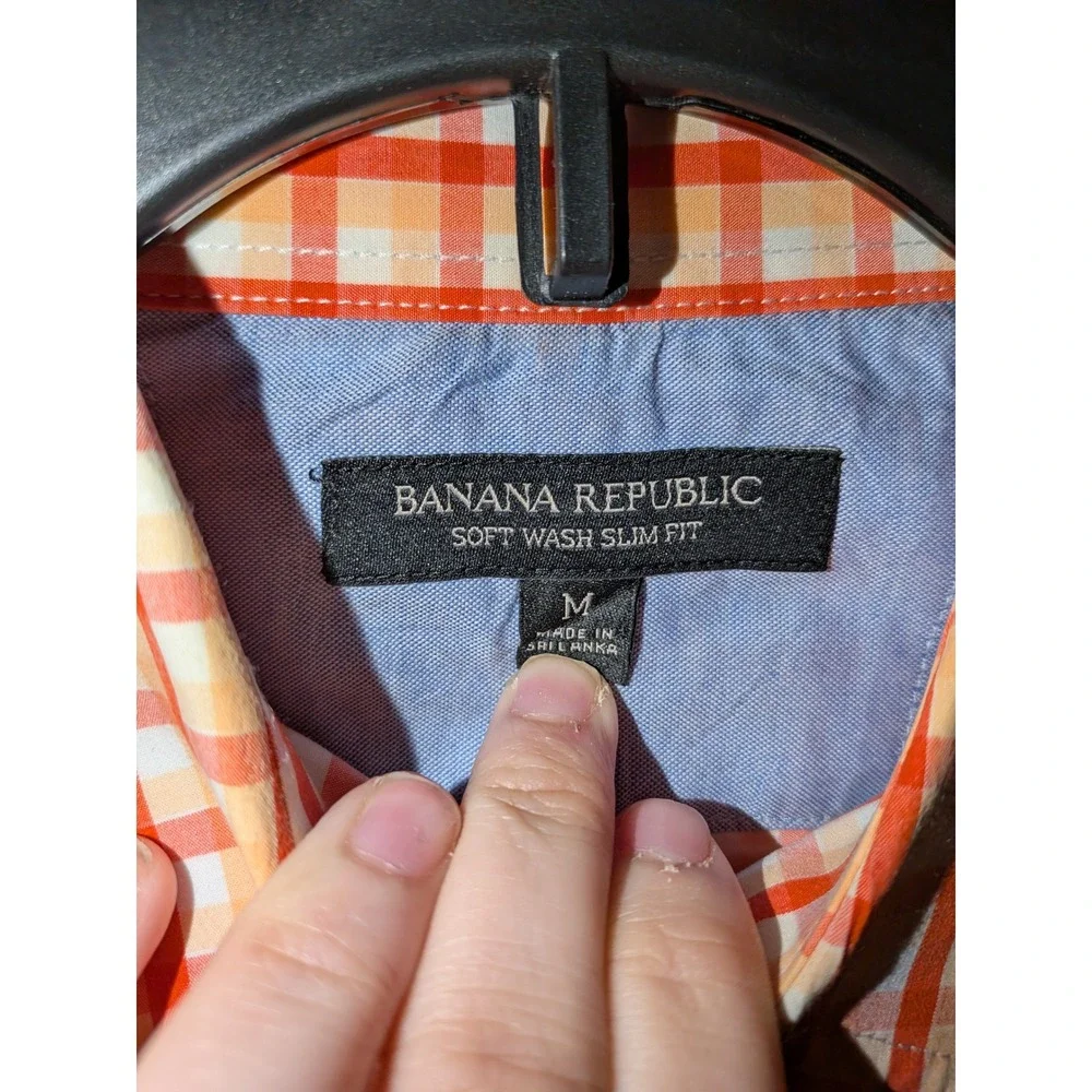 Banana Republic Mens Soft Wash Slim Fit Orange Gingham Check Button Down Shirt M